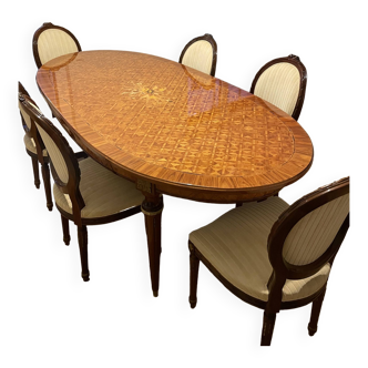 Louis XVI style dining table, chairs and armchairs