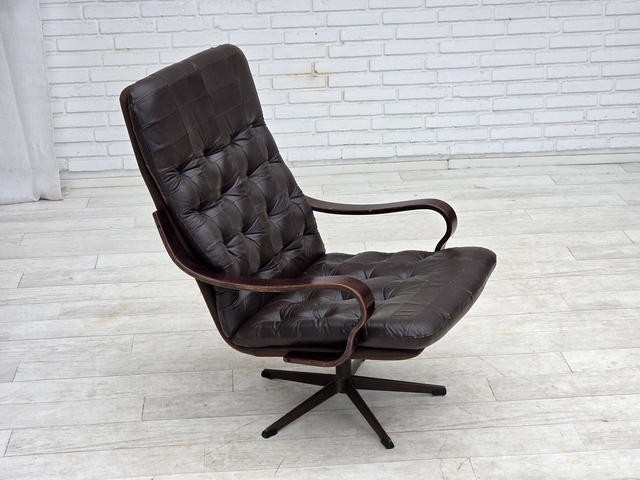 1970s, Scandinavian swivel armchair, original patchwork furniture leather.