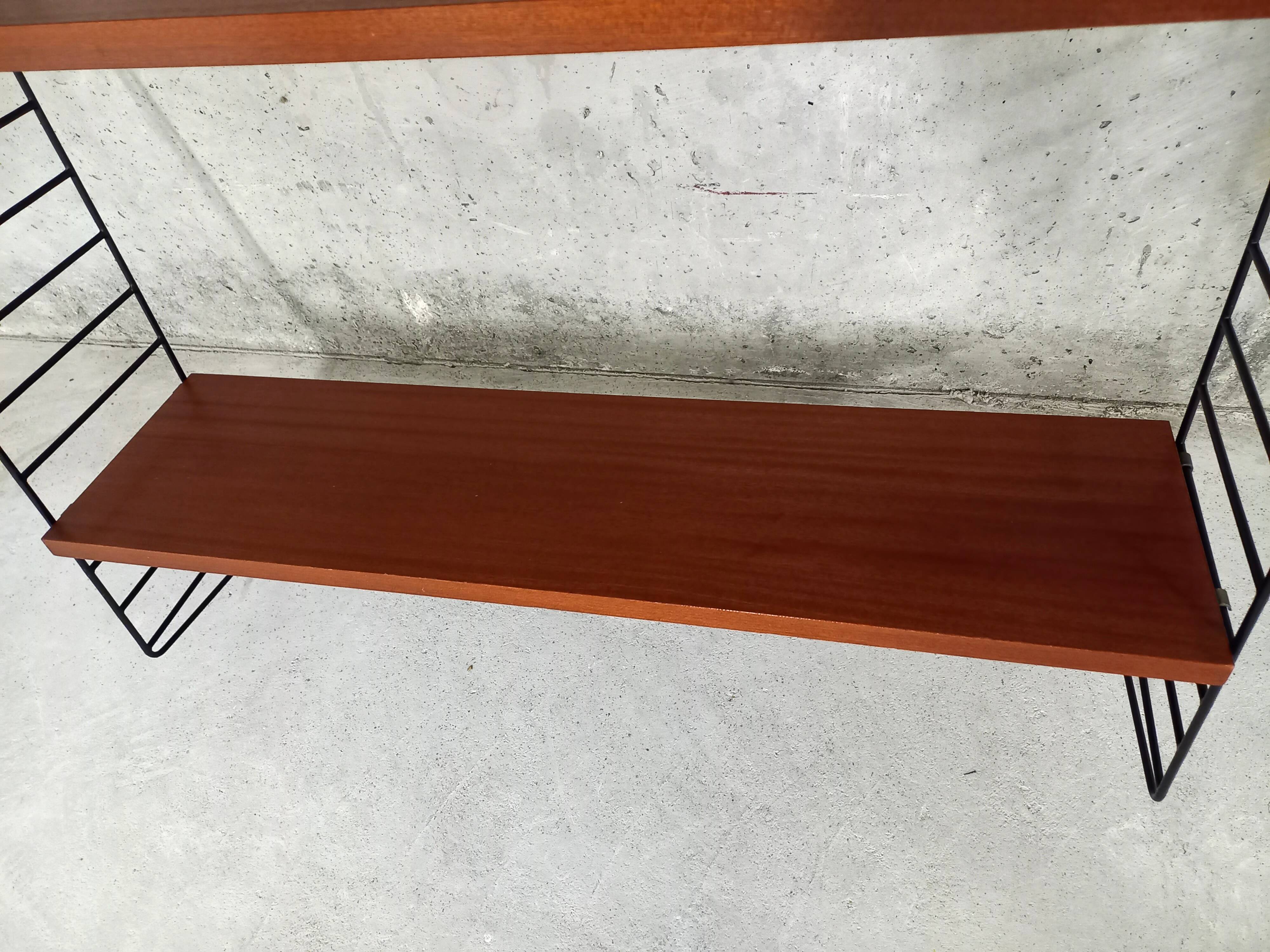 Vintage wall shelf in teak and black metal String Tomado style