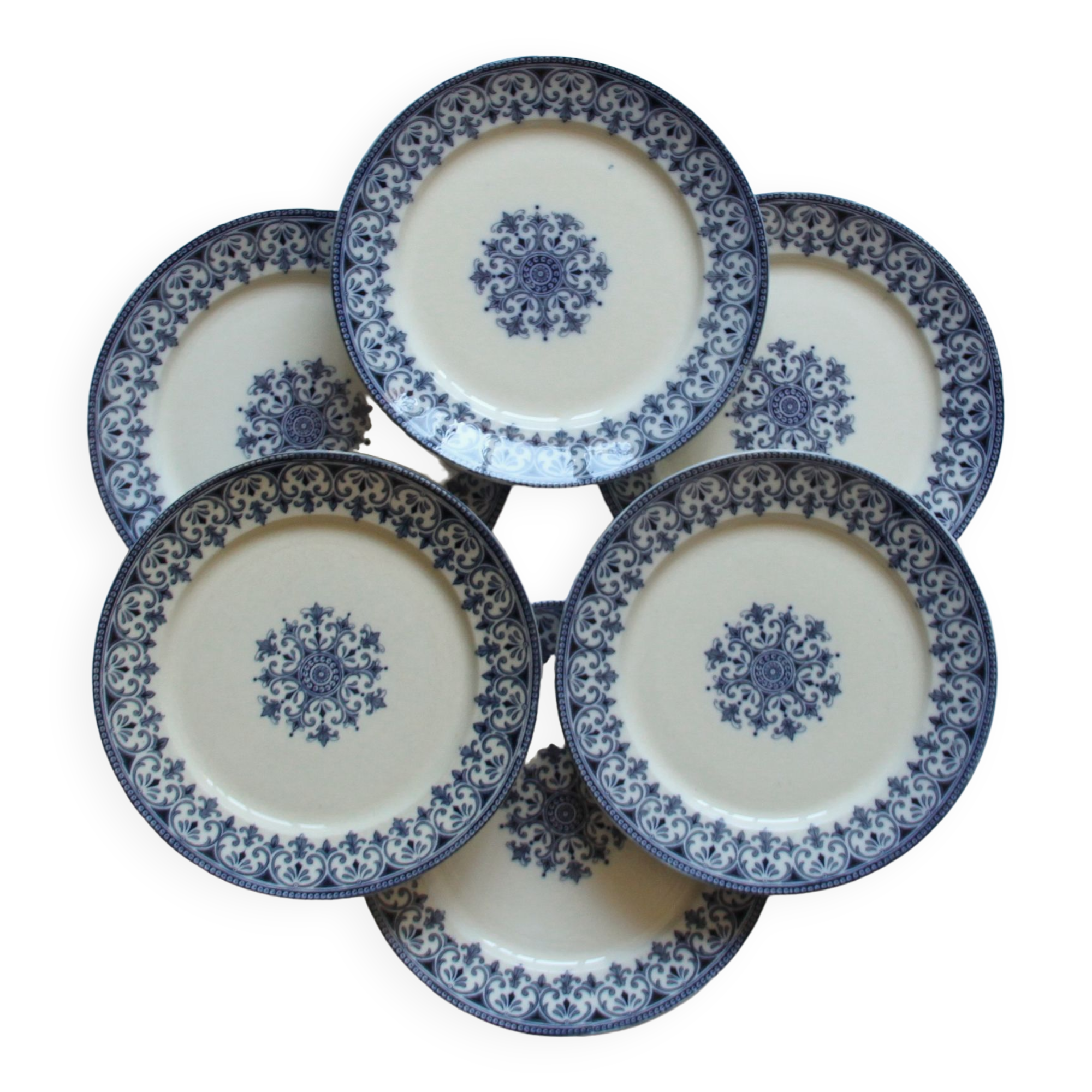 Set of 6 flat plates iron earth Badonviller model Oriental blue old earthenware