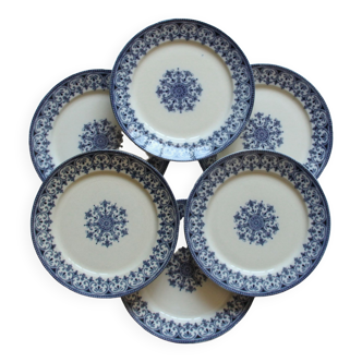 Lot de 6 assiettes plates terre de fer Badonviller modèle Oriental bleu faïence ancienne