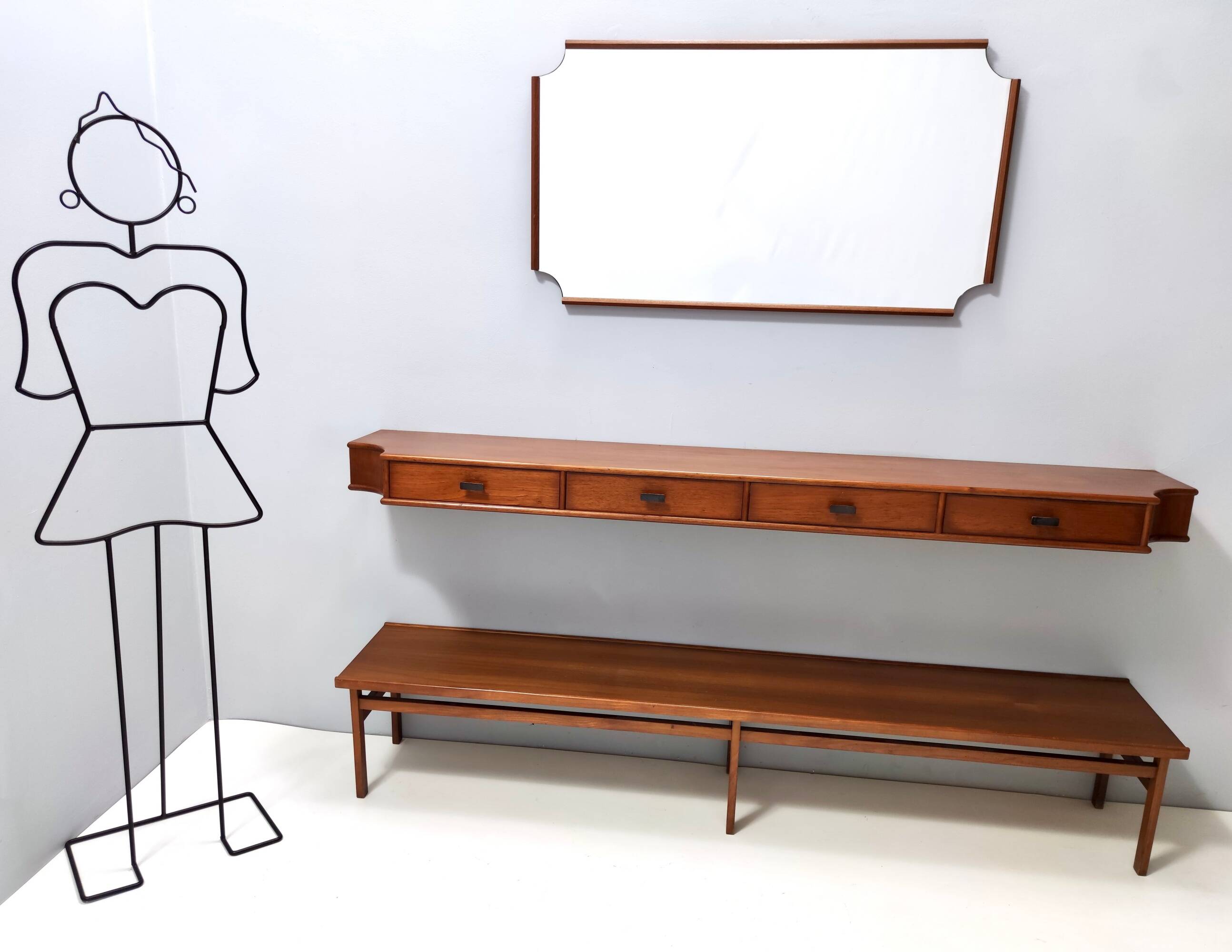 Entryway Set of Wall Mirror, Walnut Console and Bench by Brugnoli, Italy