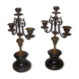 2 anciens chandeliers 3 branches en laiton socle en marbre