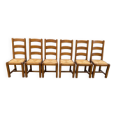 Set of 6 rustic solid oak chairs with straw seats — Very good condition