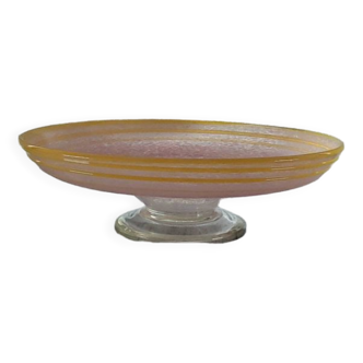 pink speckled glass bowl with yellow edging