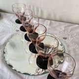 6 Art Deco pink wine or water glasses with black stems.