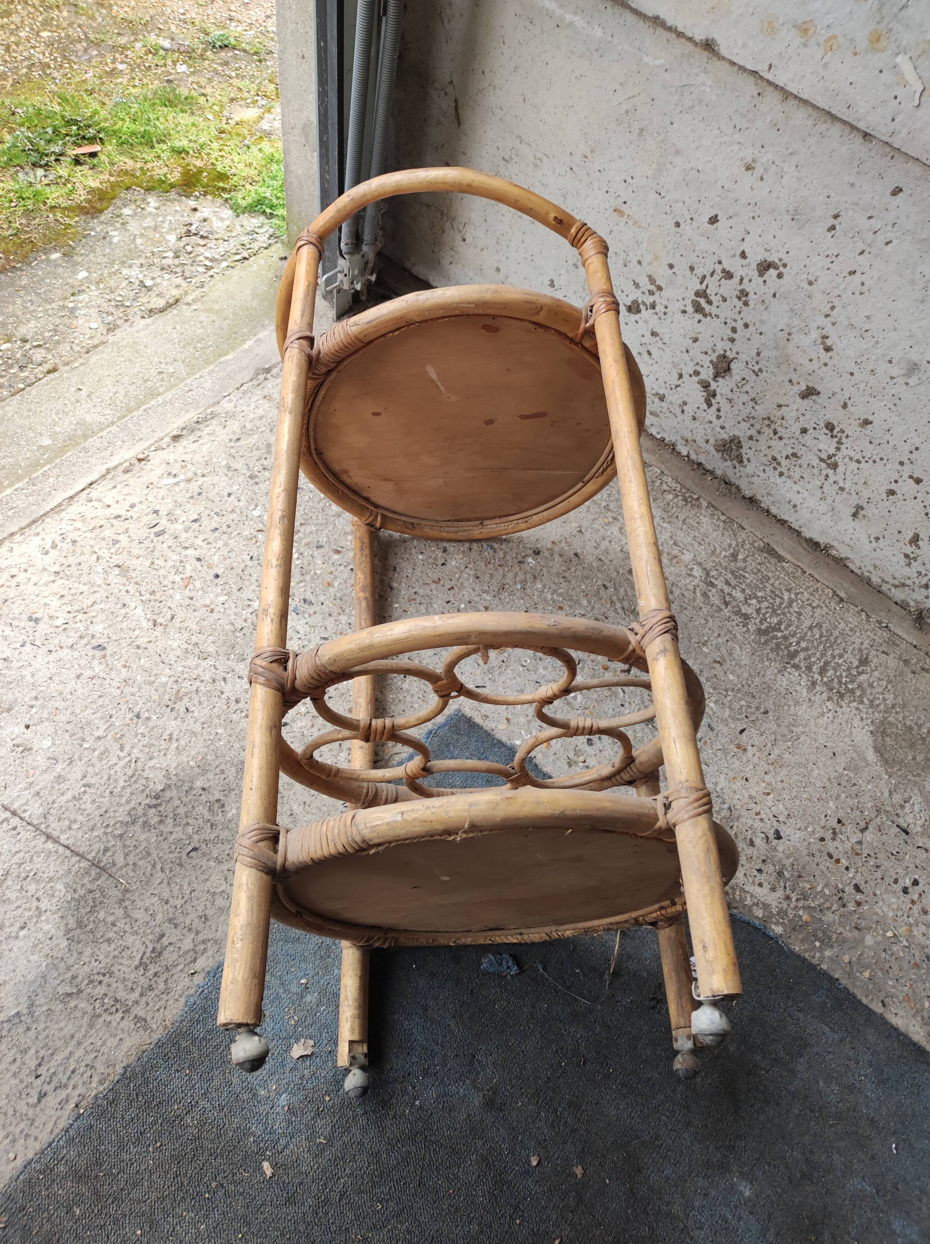 table Trolley service bar bottle rack vintage rattan bamboo