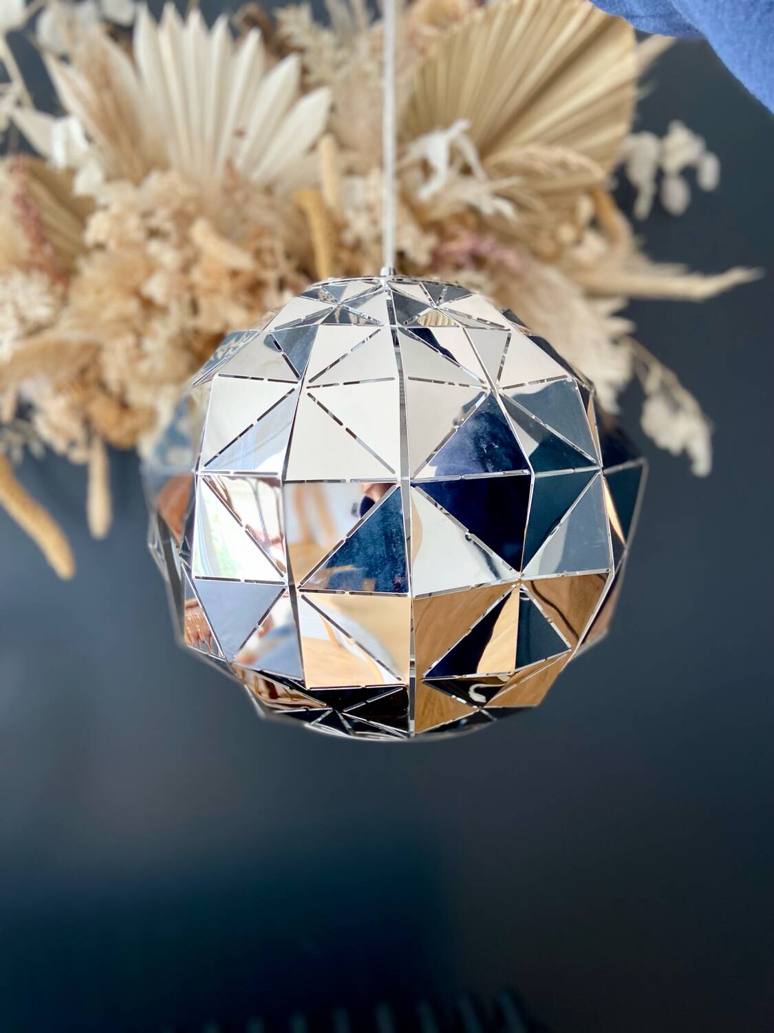 Silver-plated metal faceted ball pendant light - circa 1980
