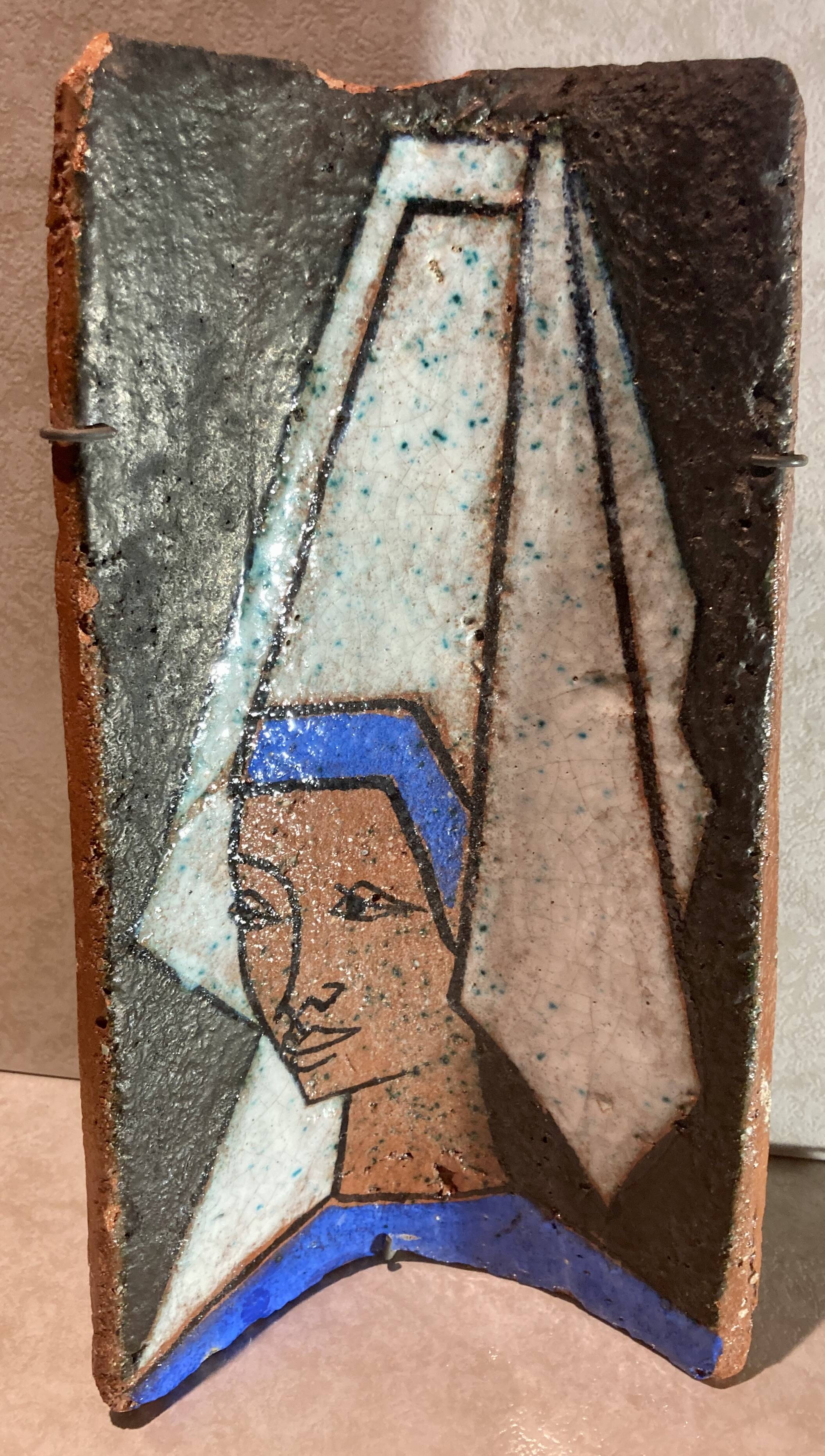 Terracotta tile with enamel decoration of a lady of the high nobility signed OGD