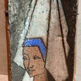 Terracotta tile with enamel decoration of a lady of the high nobility signed OGD