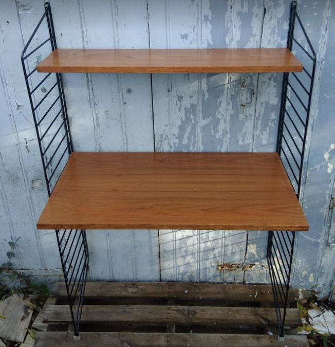 Vintage modular desk shelf in Teak veneer and black metal, Nisse Strinning, 60s