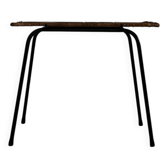 table basse selette vintage en métal noir et osier, 1950