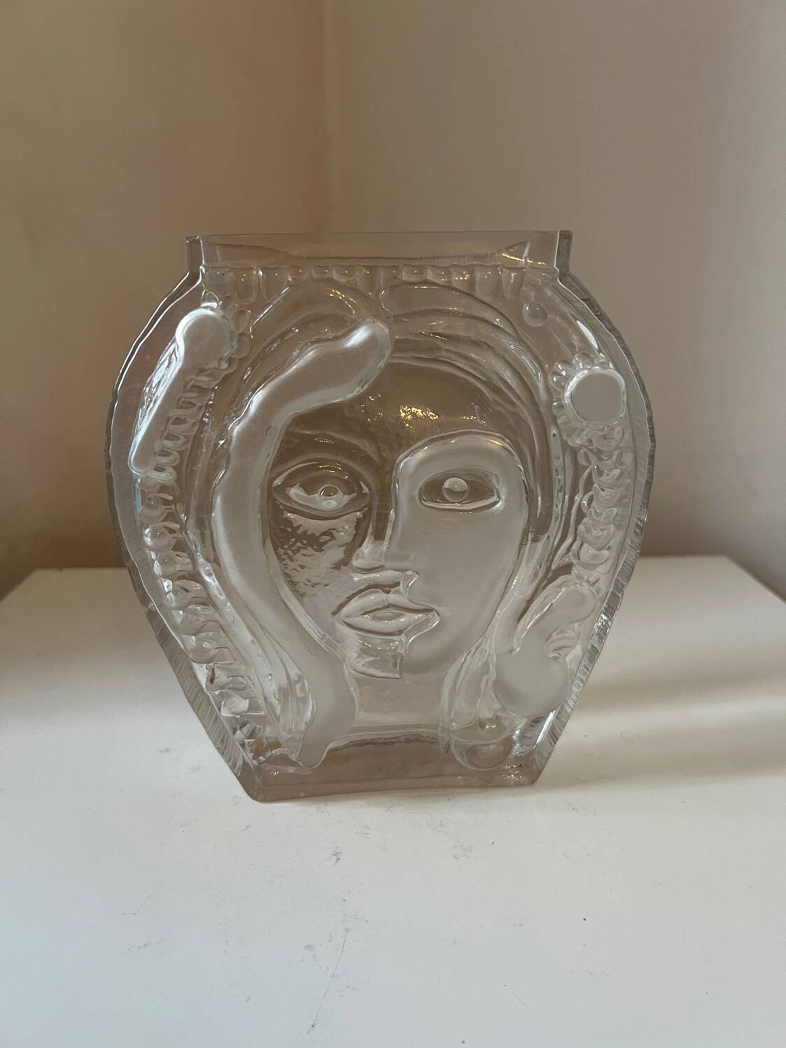 Moulded glass vase with Cubist portrait decoration, modern, 1970.