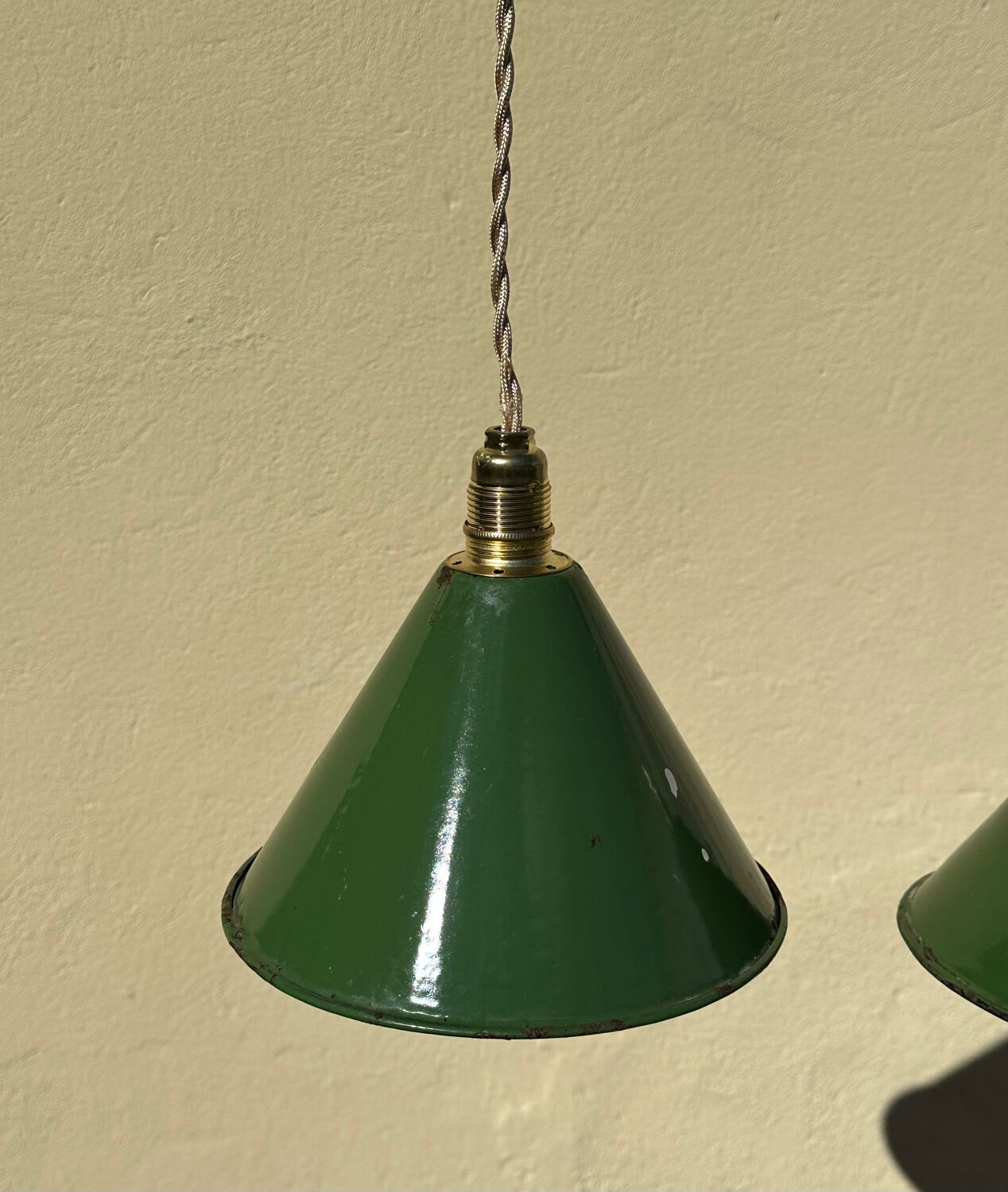 Pair of vintage industrial retro conical enamelled sheet metal pendant lights