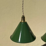 Pair of vintage industrial retro conical enamelled sheet metal pendant lights
