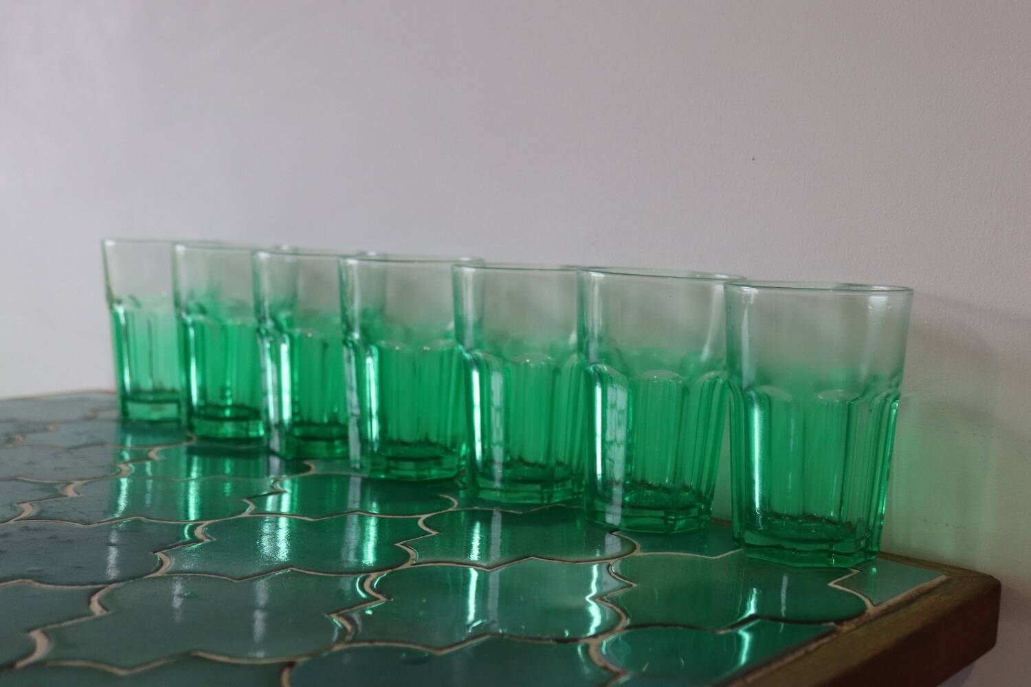7 large vintage green water glasses