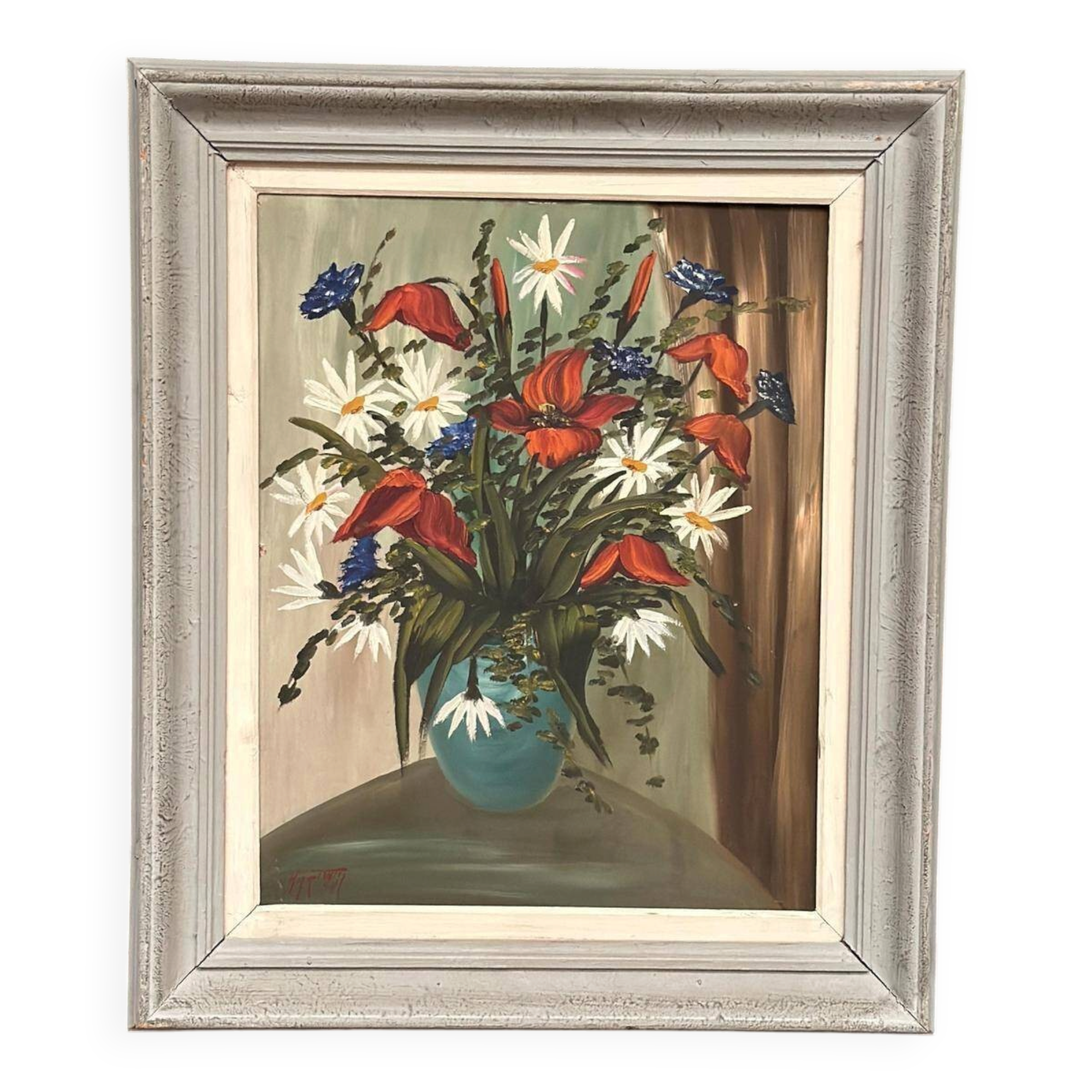 Huile sur panneau d'origine – “Bloomer” par Hartiviq – Datée de 1954 – Vintage et encadrée – 57 × 66 cm (22,4" × 26")