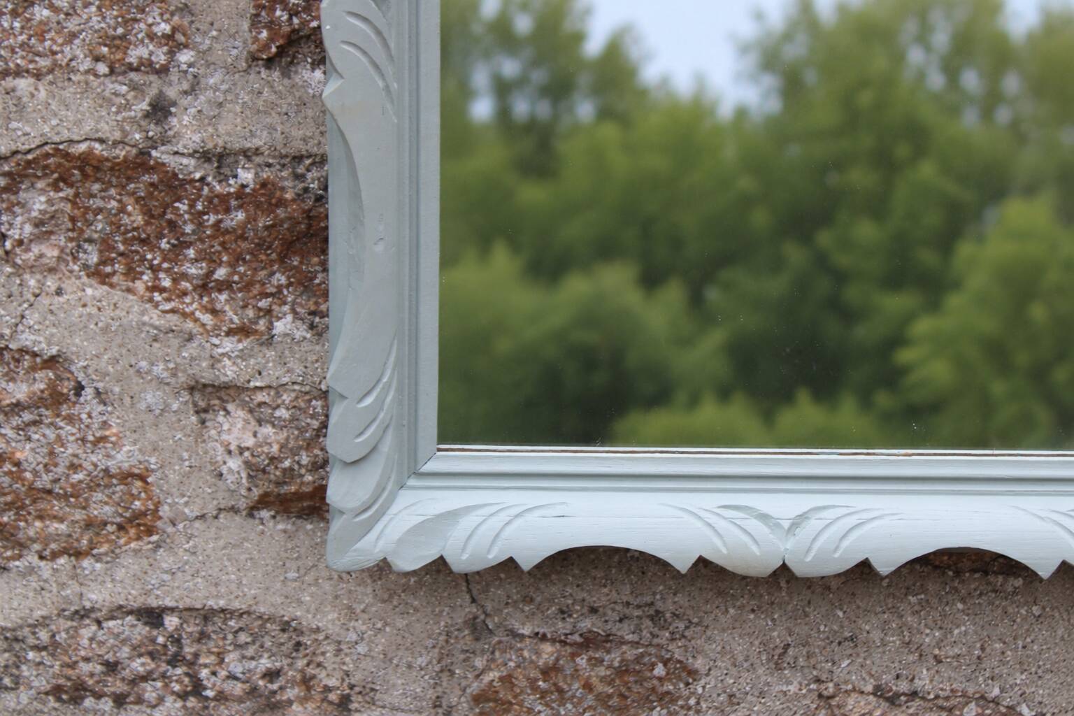 Vintage wall mirror in carved blue-green wood – rococo style – H48 cm