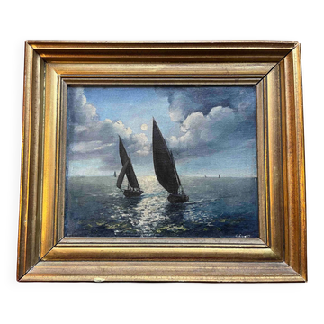 Tableau HST Marine mid-20th century "Sailboats in the Moonlight" signed