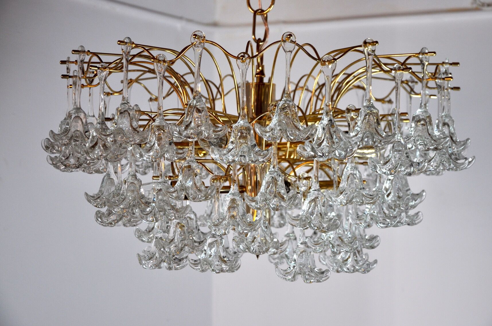 Lustre, 3 levels, crystal flowers, Italy 1970