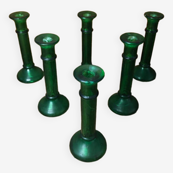 Series of 6 old vintage green bubble molded glass candlesticks #a529