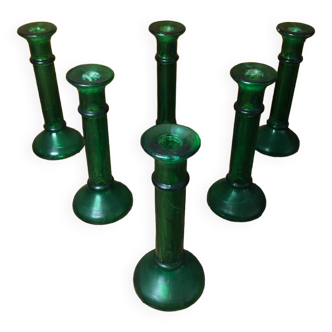 Série de 6 anciens bougeoirs verre moulé bullé vert vintage #a529