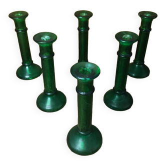 Series of 6 old vintage green bubble molded glass candlesticks #a529
