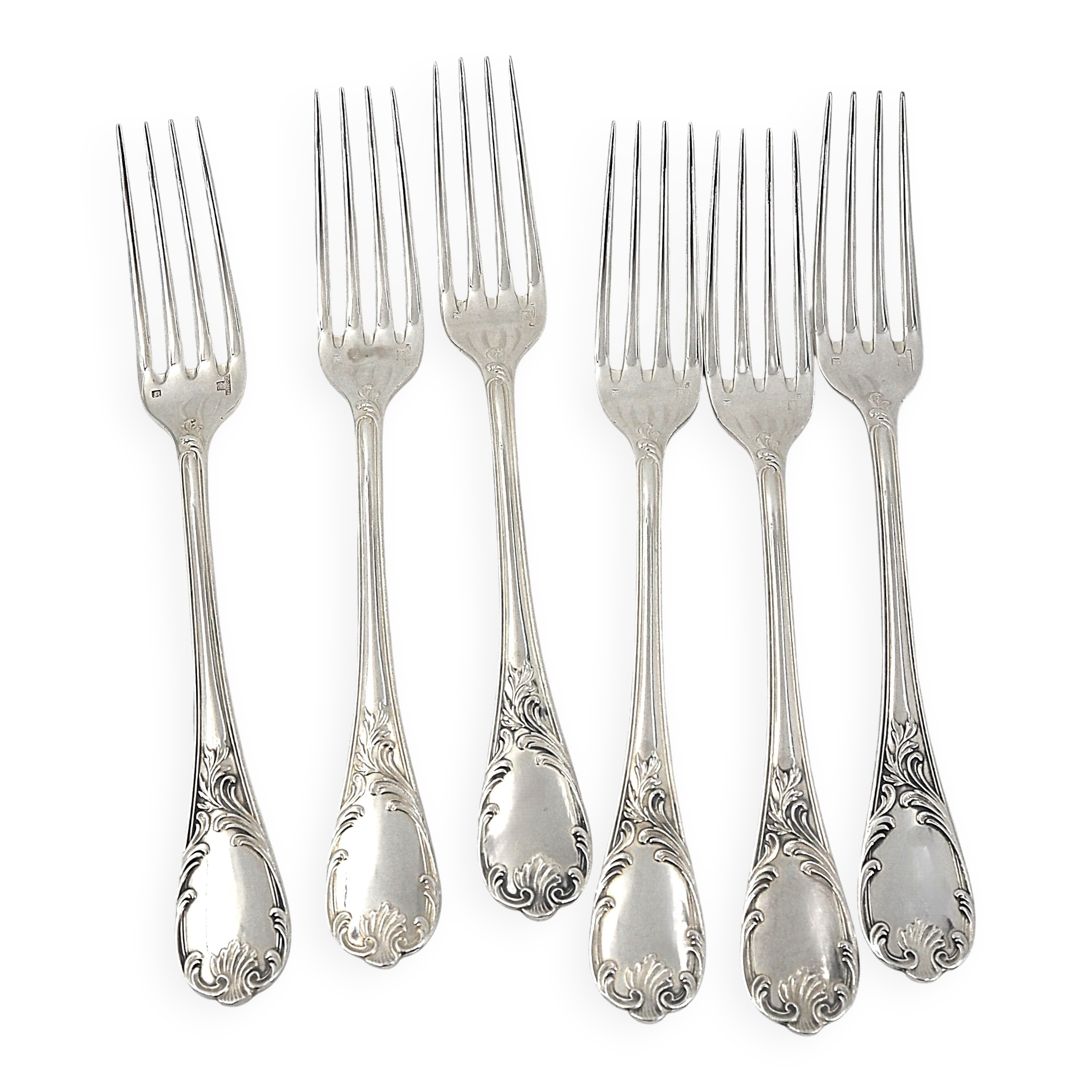 Christofle Marly, 6 table forks, 21.5 cm, in silver-plated metal.