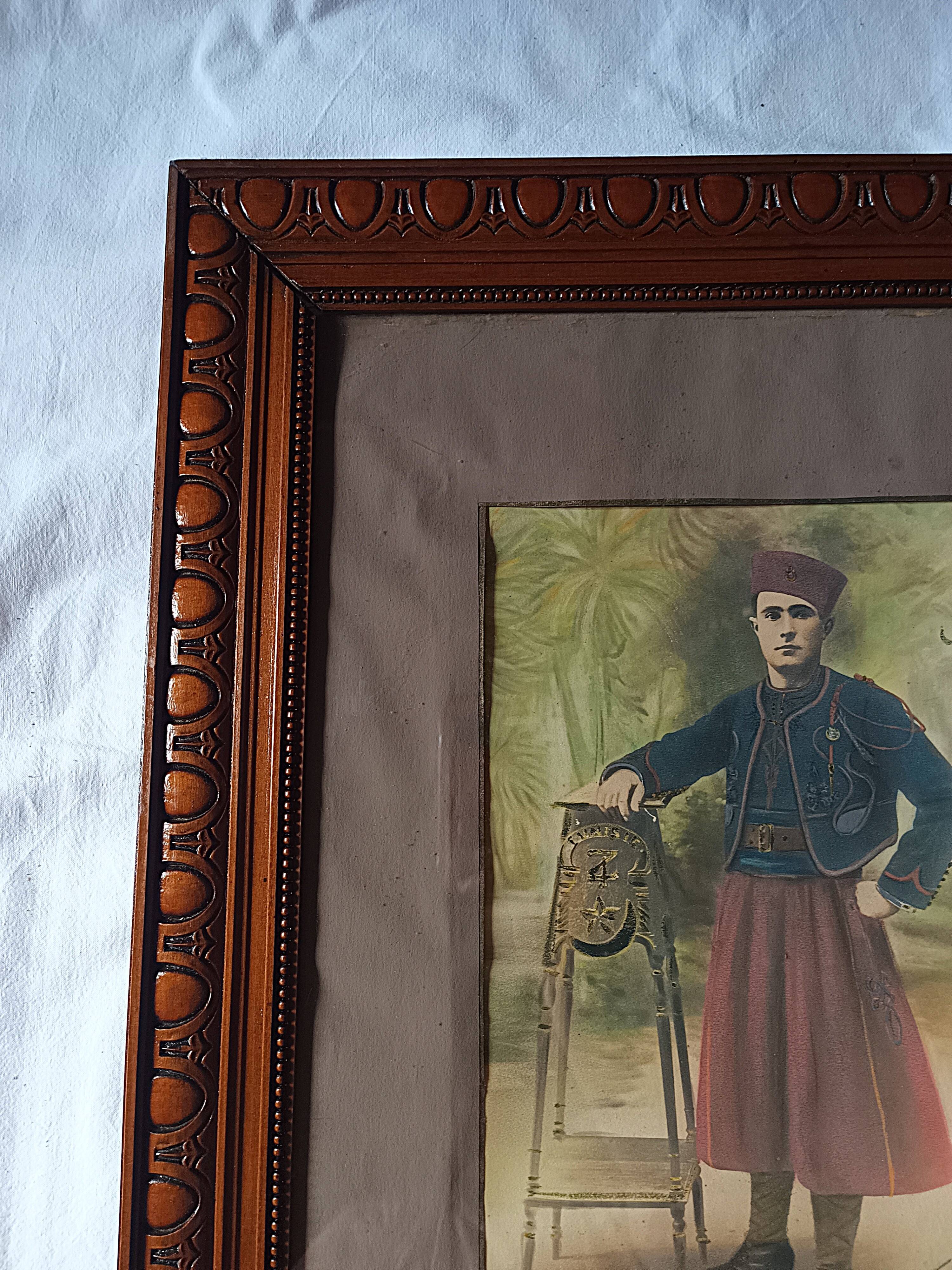 Framed Militaria 1932 large portrait of a Tunisian sharpshooter signed 66 cm X 55 cm