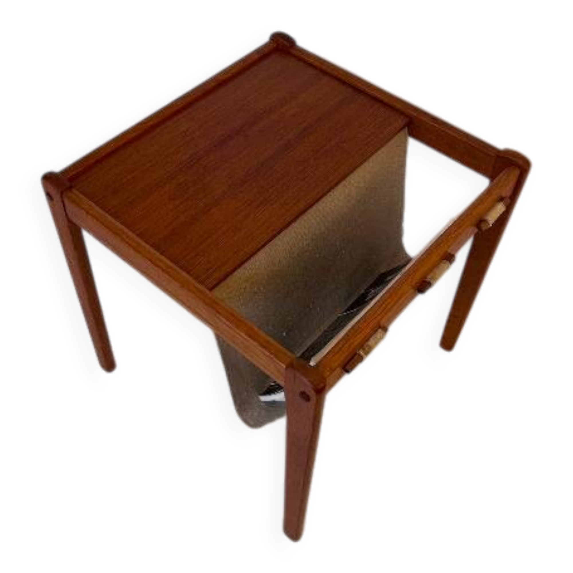 occasional table / magazine rack in teak and turbo-edged fabric
