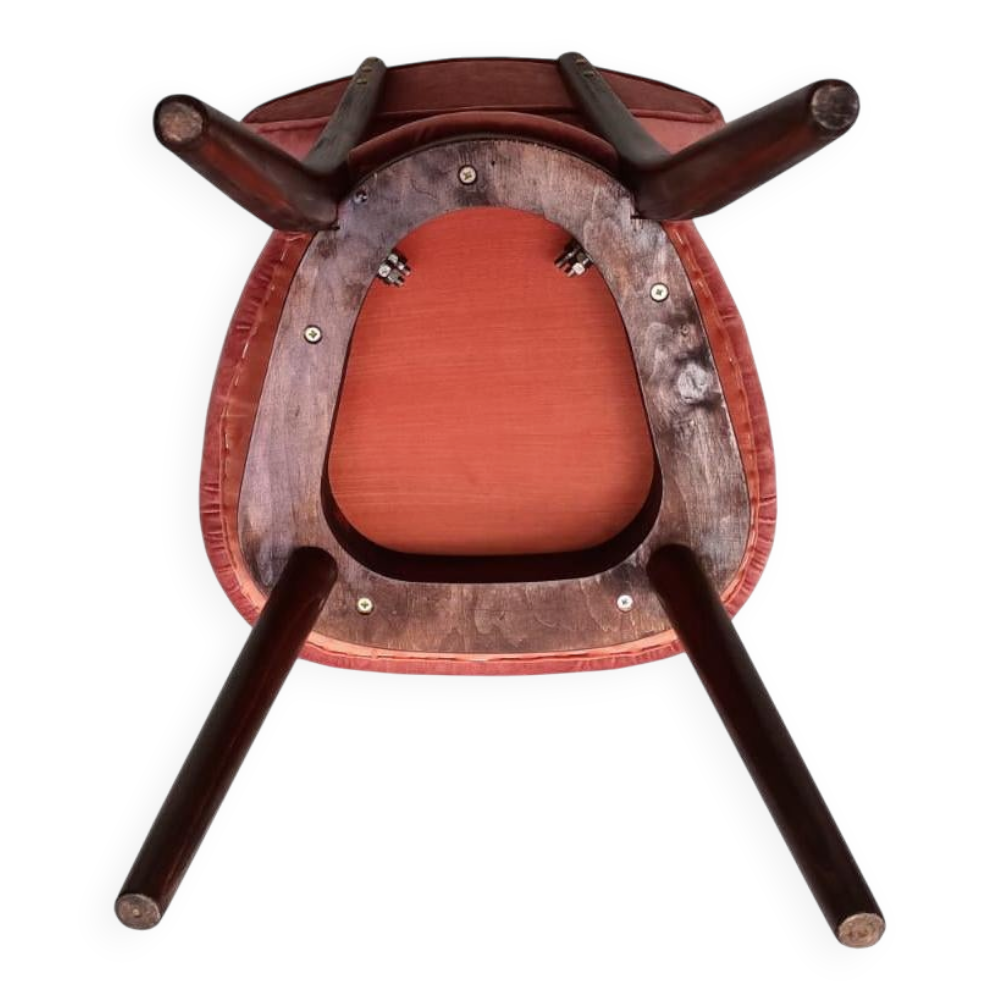 Mid-century orange rose velvet heart chair, walnut wood, Poland, 1960s.