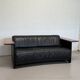 Vintage Black Leather Loveseat with Cantilevered Walnut Tray Arms