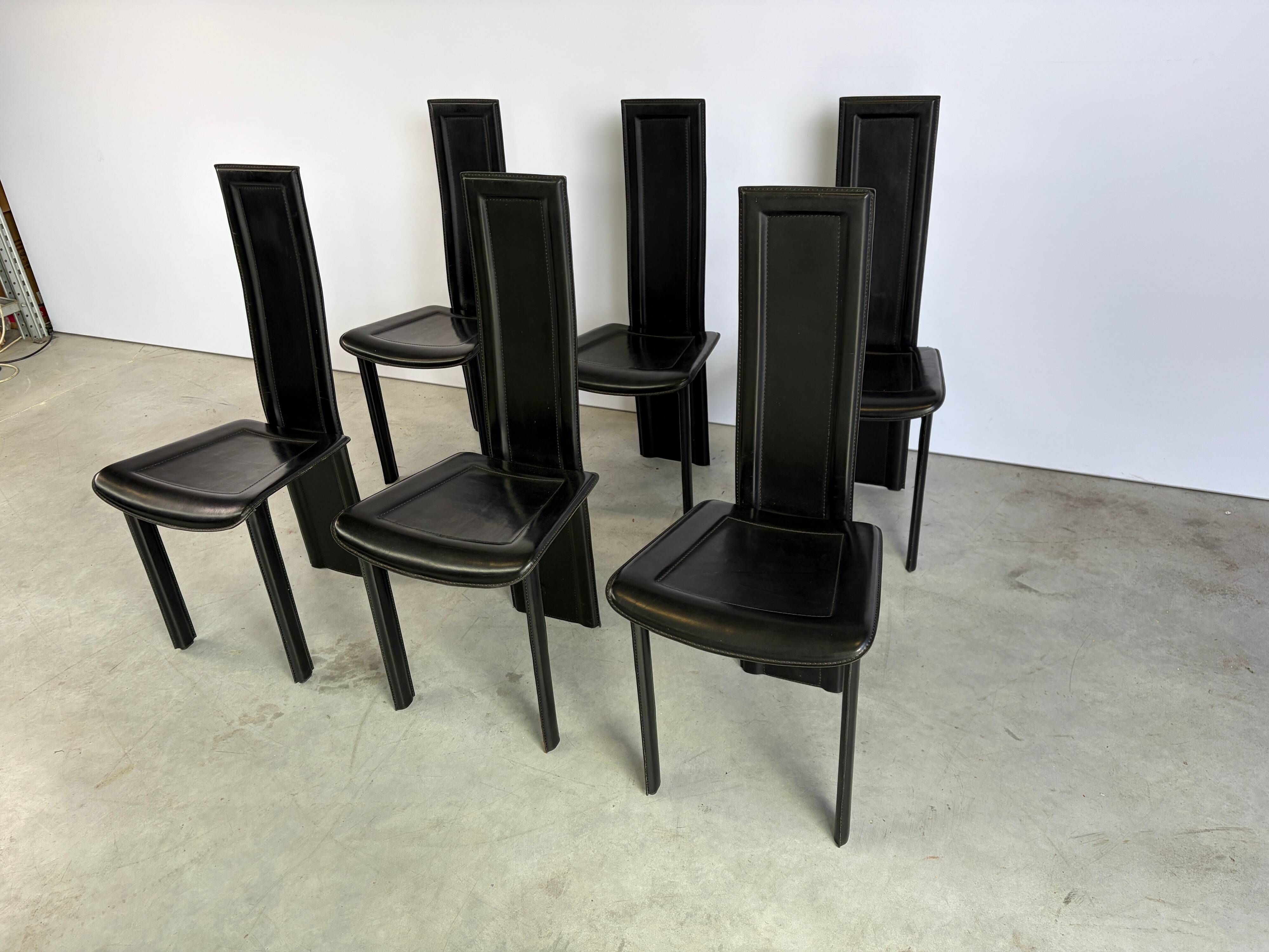 Vintage black leather dining chairs, set of 6, 1980s