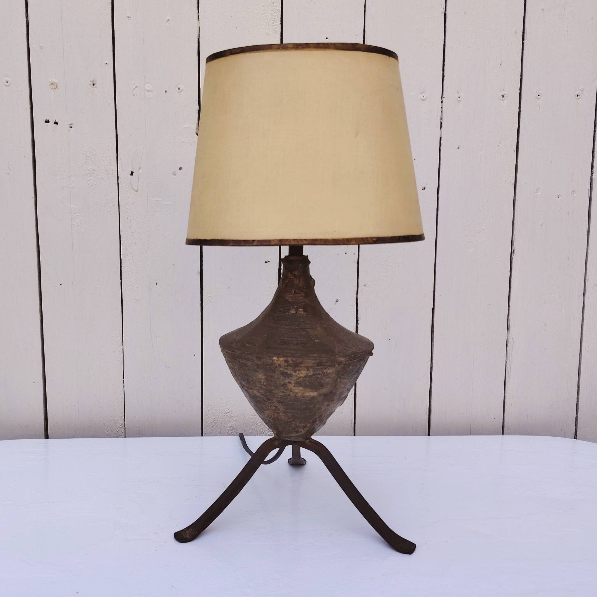 Brutalist lamp, patinated gold metal, Max Bre, 70s