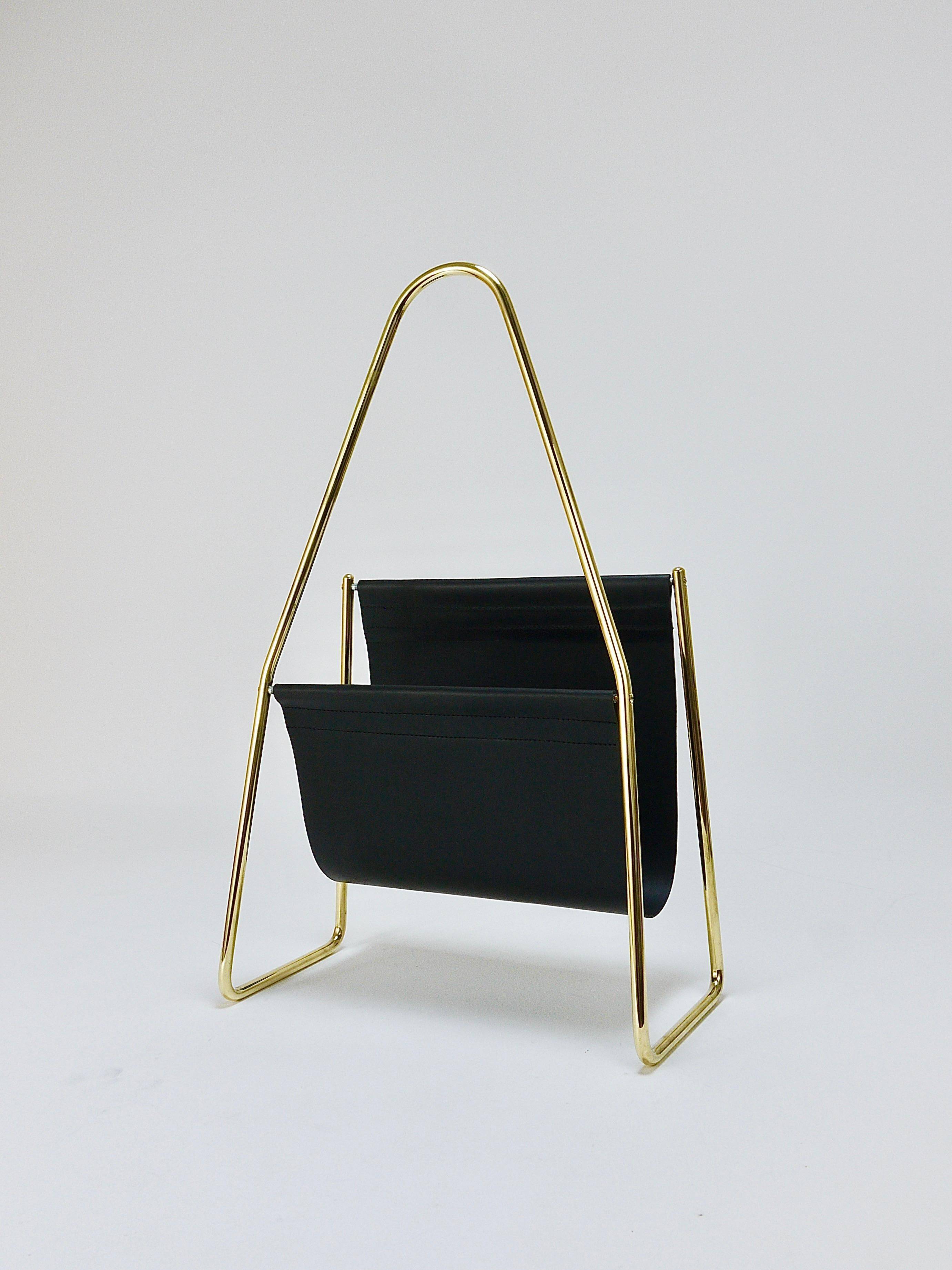 Carl Auböck II Midcentury magazine rack, brass and black leather, vintage, Austria