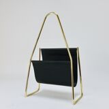 Carl Auböck II Midcentury magazine rack, brass and black leather, vintage, Austria