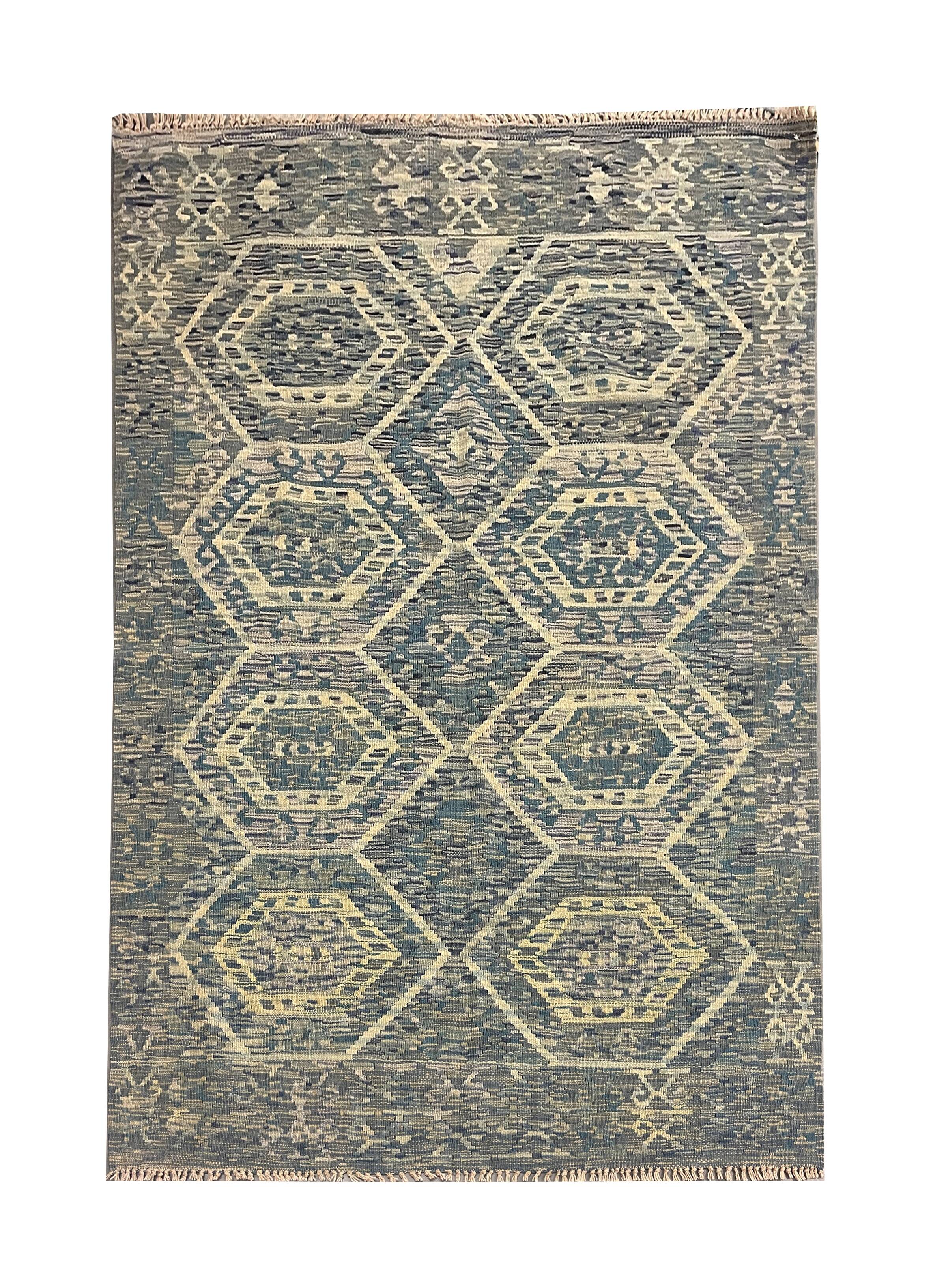 Geometric Kilim Rug, Bule Beige Contemporary Wool Carpet 195 x 128 cm