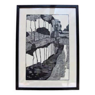 Framed woodcut signed and numbered Louis Massé