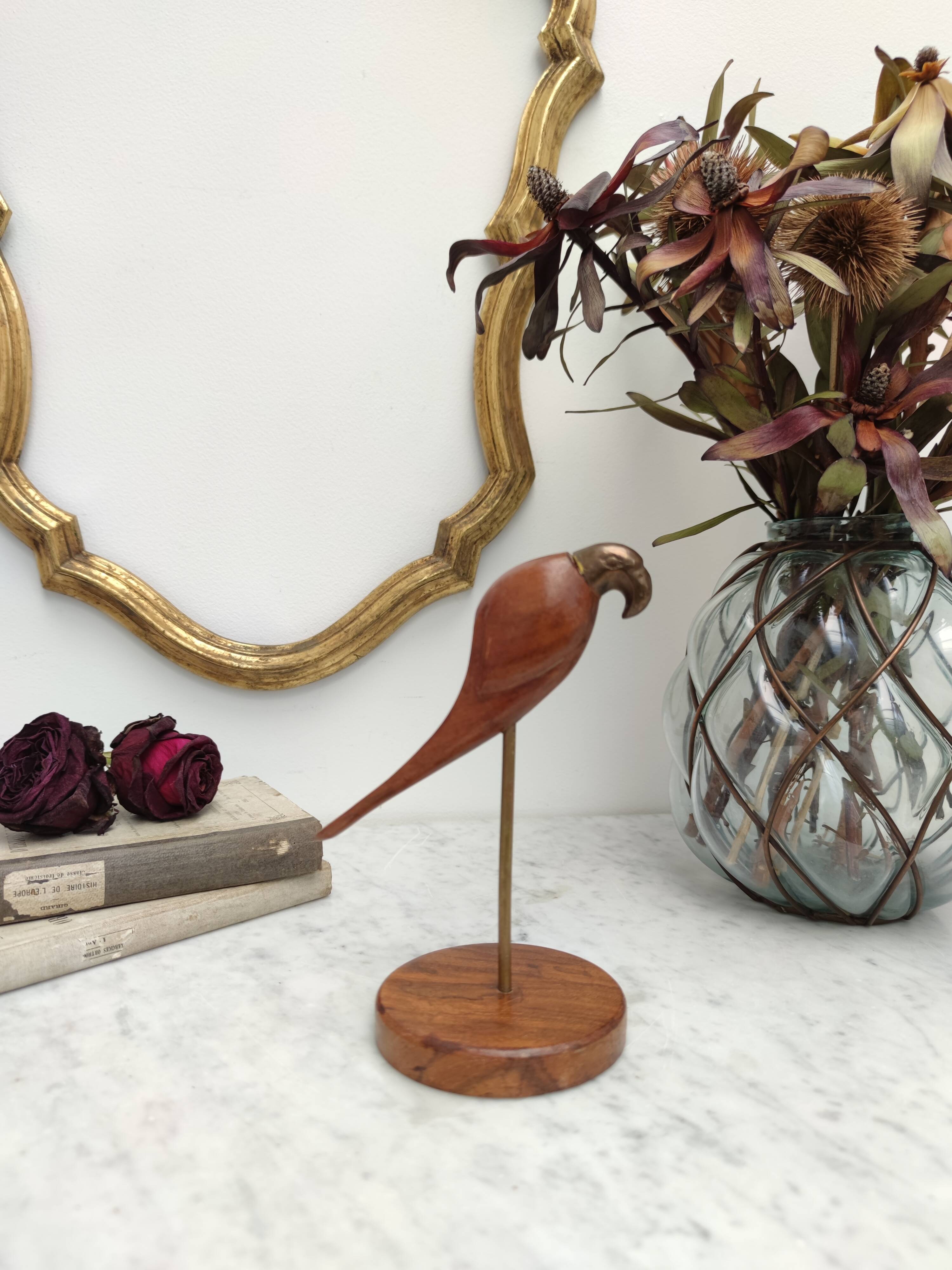 Teak and brass parrot