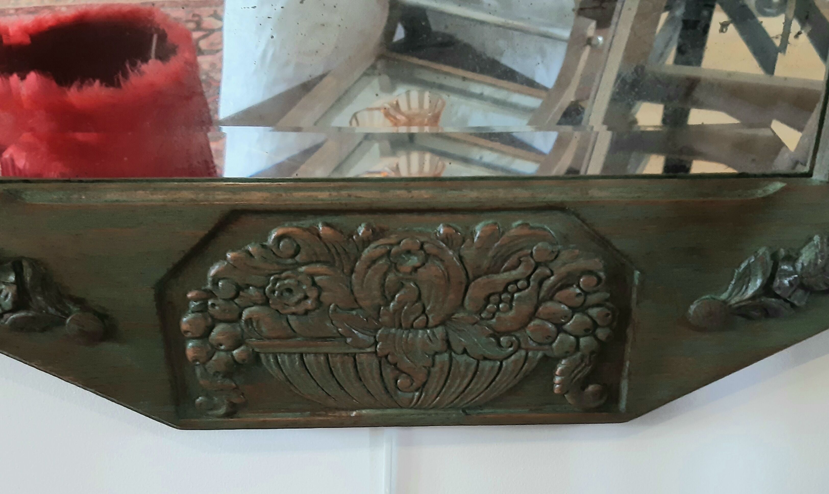 Mirror, art deco, wood, khaki patina, bevelled mirror