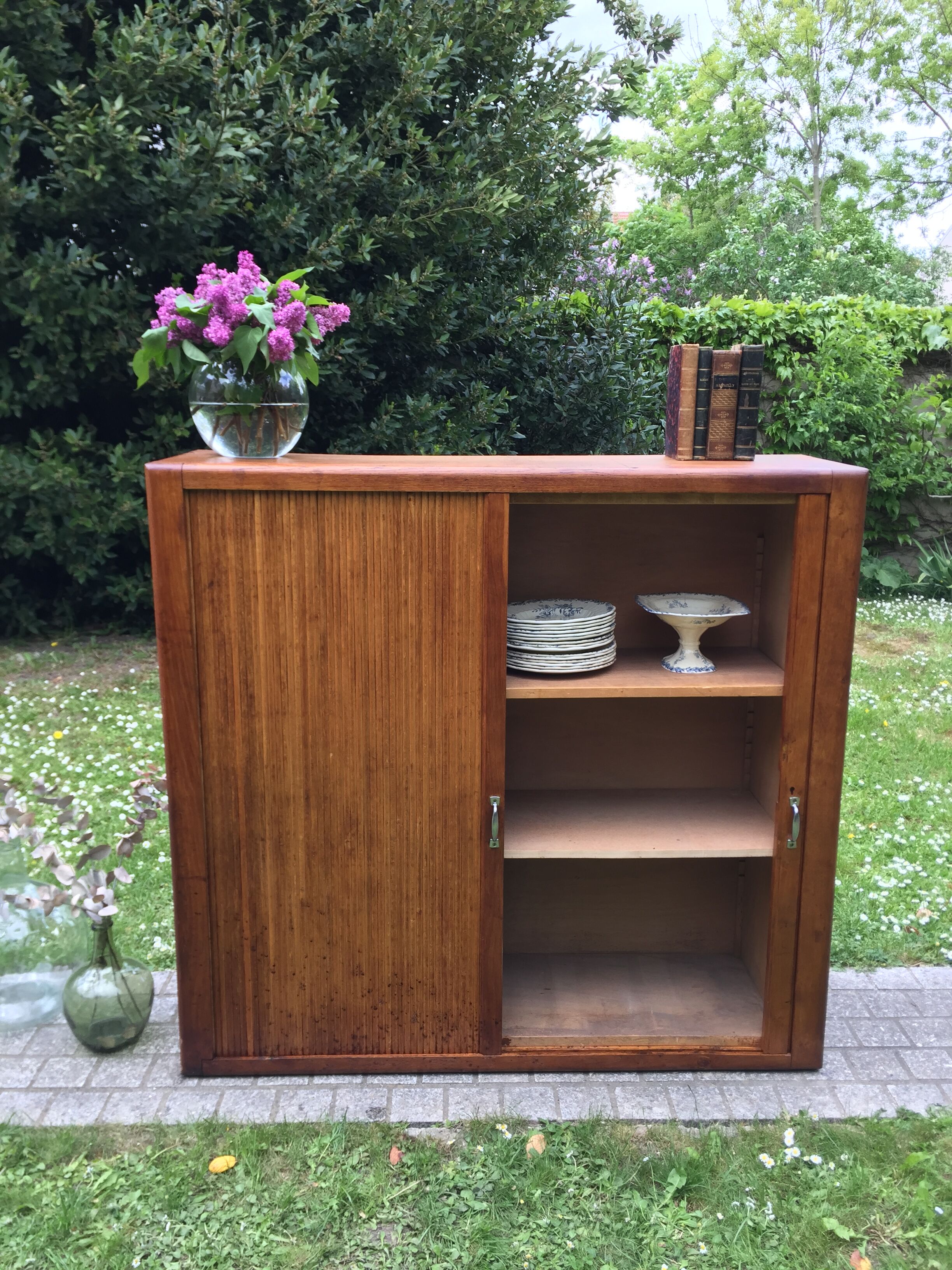 Low cupboard / curtain 1950 vintage blond oak buffet