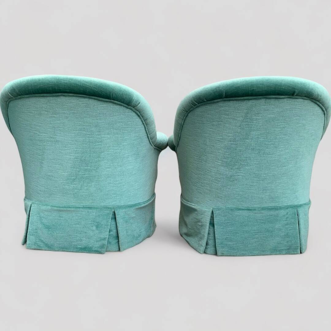 Pair of toad armchairs in water green velvet, 1970