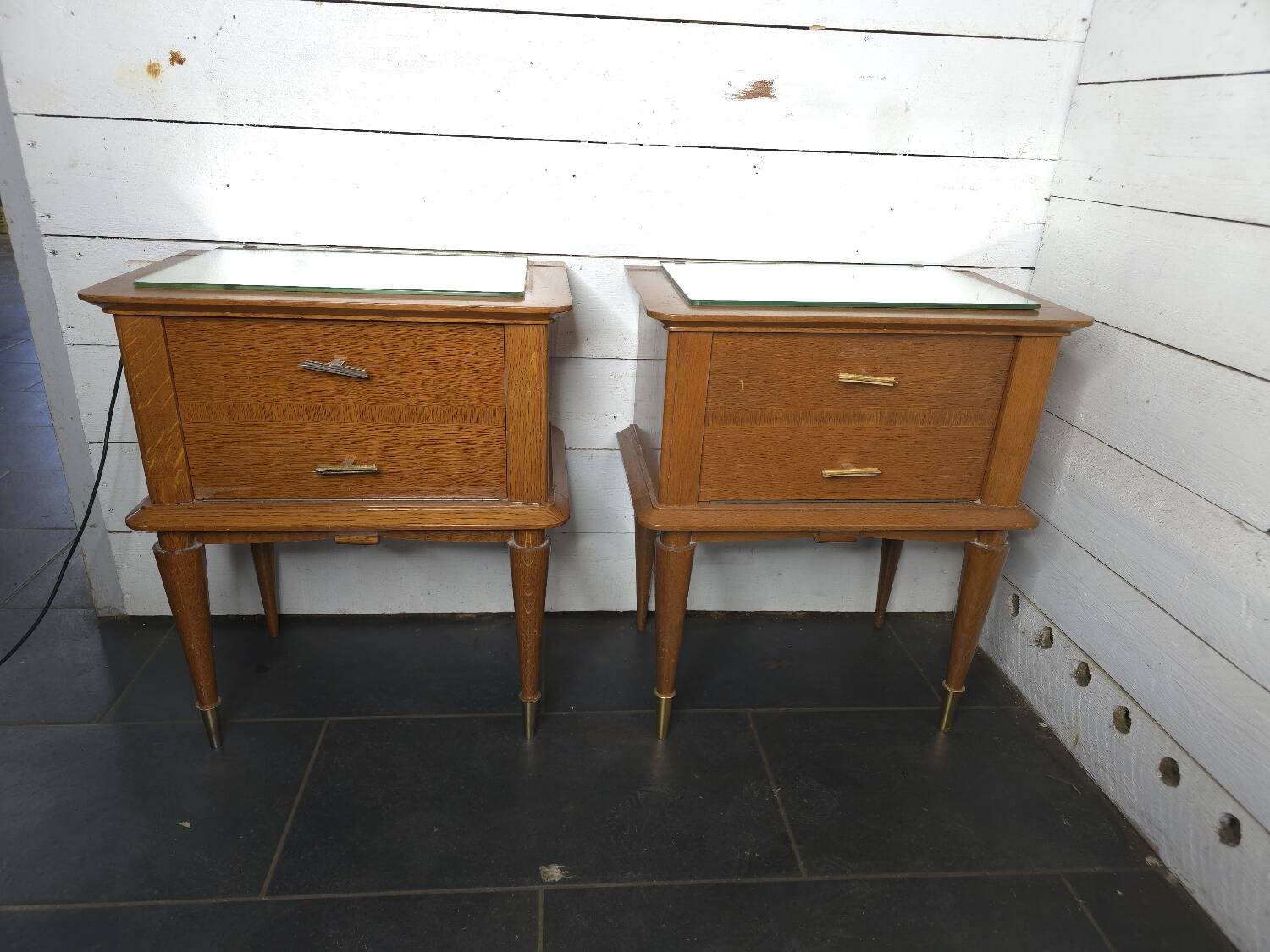 Pair of vintage oak bedside tables with mirror top