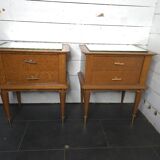 Paire de tables de chevet vintage en chêne et miroir