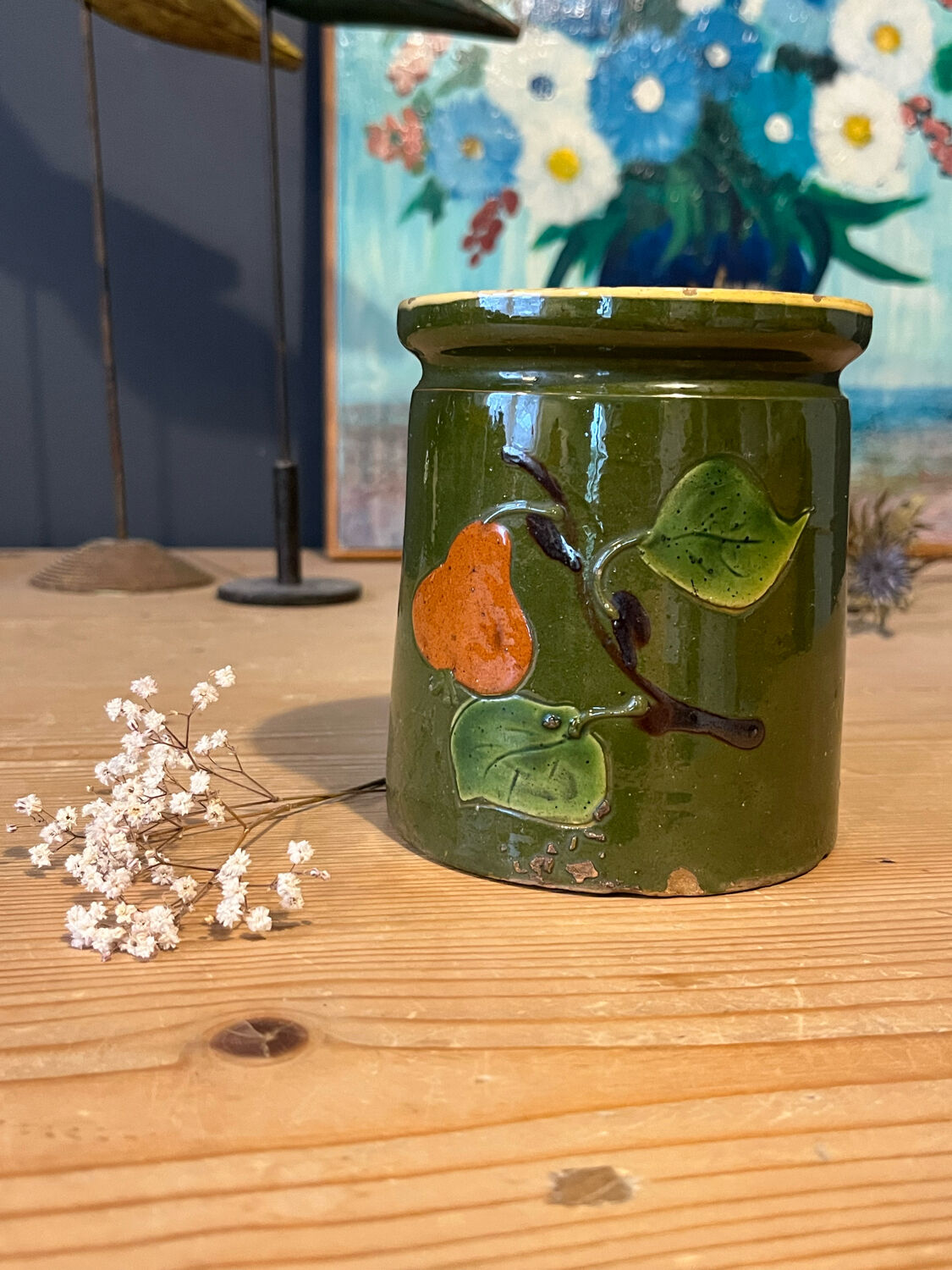 Old jam jar with pear pattern - Savoyard pottery