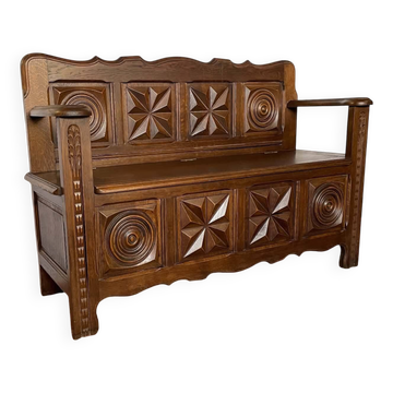 Antique carved oak bank chest – Breton style