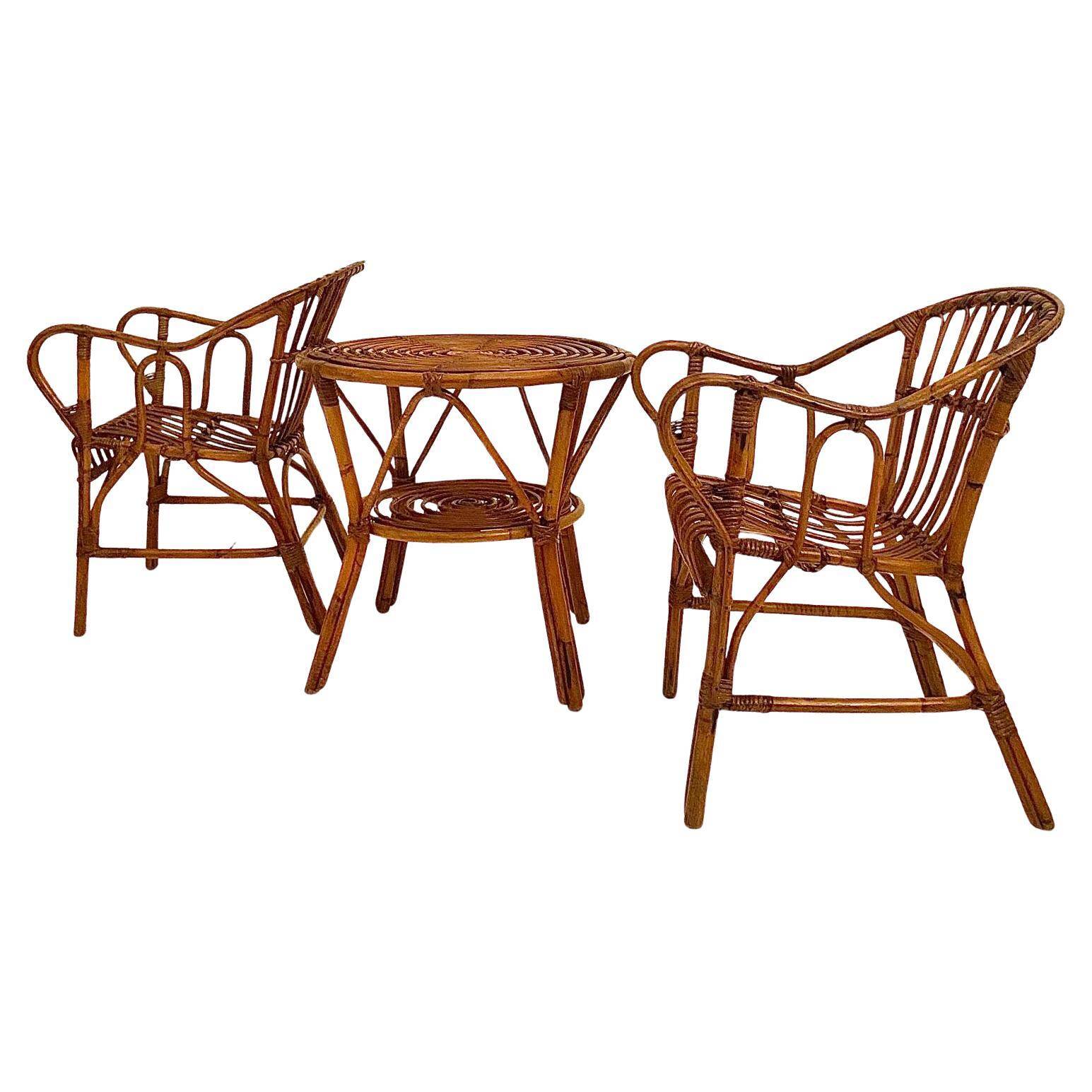 Mid Century Modern Bamboo Chairs and Table Set, Italy 1960s