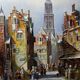 Large painting urban scene oil on wood framed John Haanstra vintage