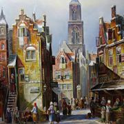 Large painting urban scene oil on wood framed John Haanstra vintage