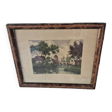 Antique painting of an old bridge over the Eure